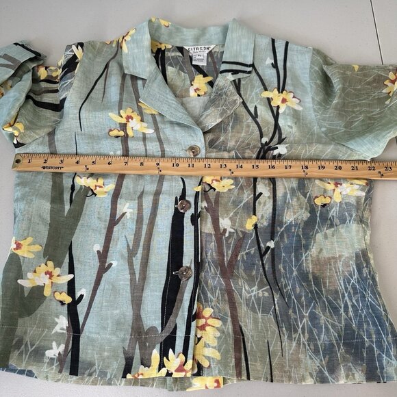 Citron Santa Monica Floral Top L Petite Green Silk Linen Button up Asian Art - Picture 5 of 11